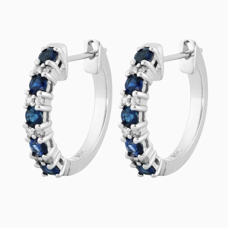 Alternating Blue Sapphire & Diamond Half Hoop Earrings - Image 2