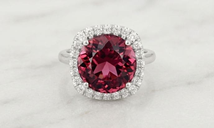 Red Tourmaline Diamond Halo Ring