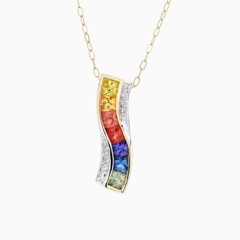 Natural rainbow sapphire diamond pendant in 14K Yellow Gold