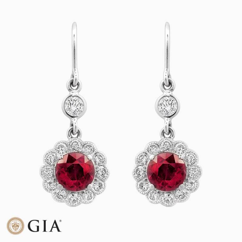 Round-Cut Ruby Halo Drop Earrings