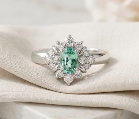 Green Tourmaline Diamond Halo Ring