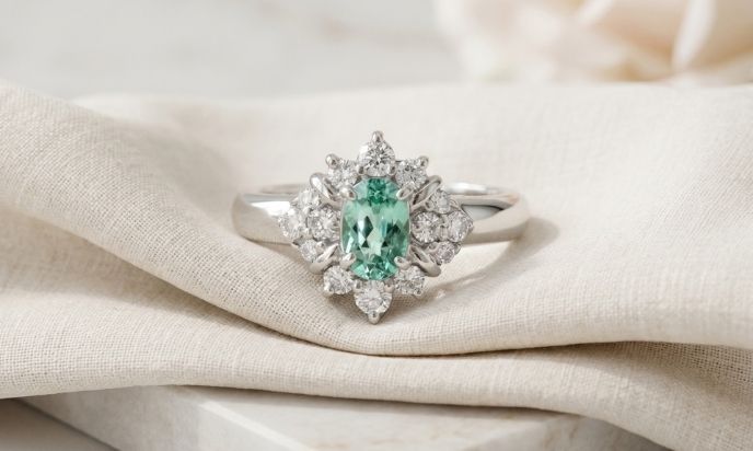 Green Tourmaline Diamond Halo Ring
