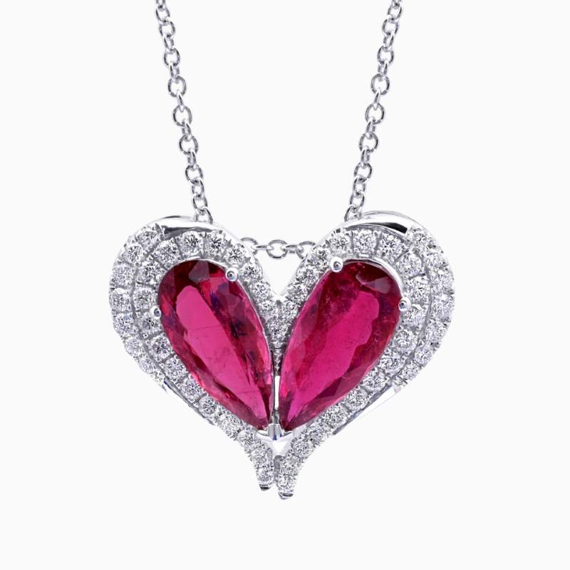 Natural rubellite diamond pendant in 14K White Gold