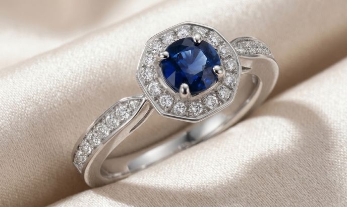 Blue Sapphire Diamond Halo Ring