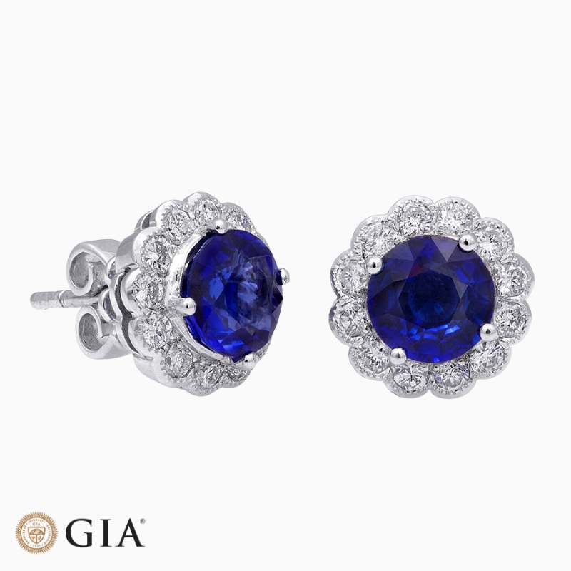 Round-Cut Blue Sapphire Diamond Halo Stud Earrings