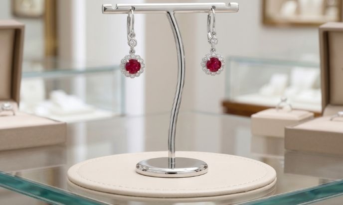 Ruby Halo Drop Earrings White Gold