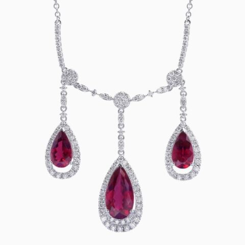 Natural rubellite diamond pendant in 14K White Gold