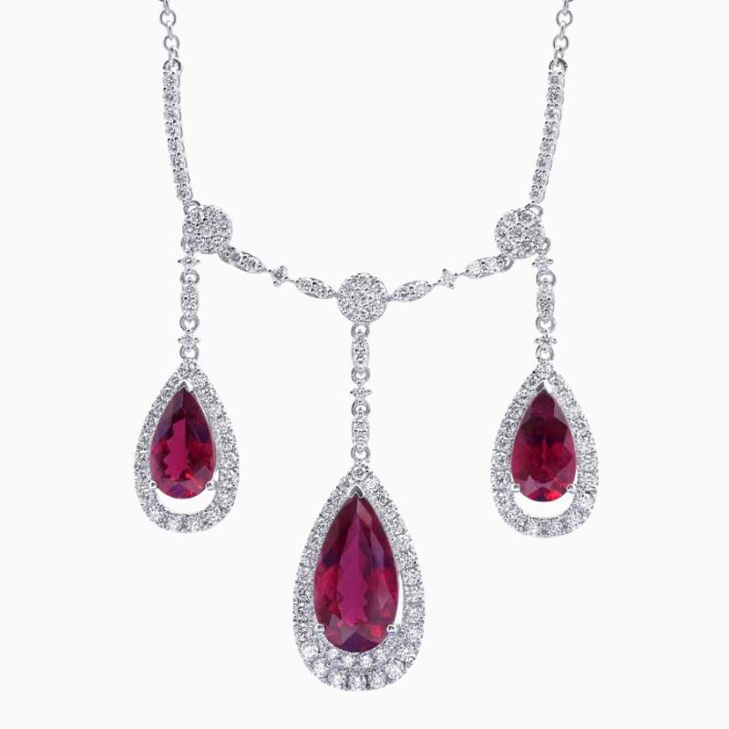Natural rubellite diamond pendant in 14K White Gold