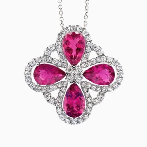 Natural rubellite diamond pendant in 14K White Gold