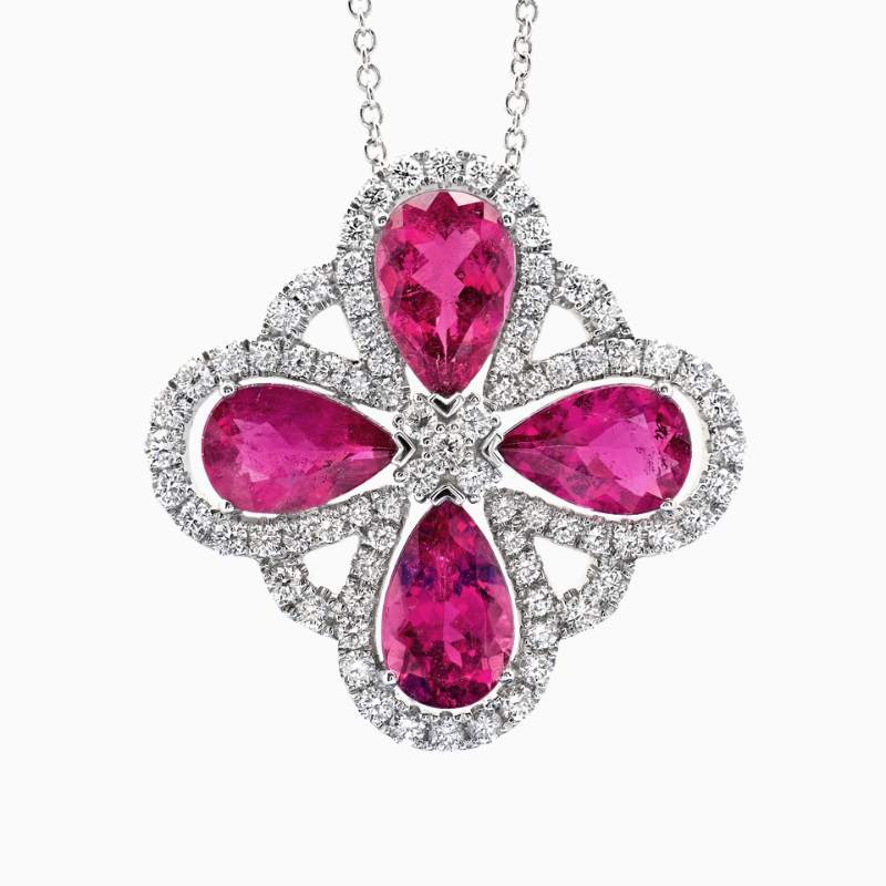 Natural rubellite diamond pendant in 14K White Gold