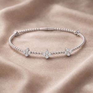 Natural Diamond Flexible Beaded Flower Clover Bangle