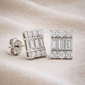 Baguette and Round Natural Diamond Stud Earrings