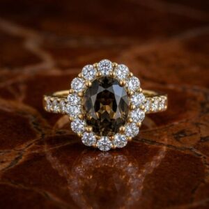 Green to Brown Alexandrite and Natural Diamond Antique Style Ring