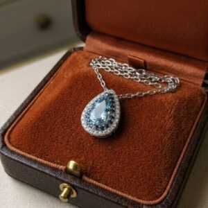Pear Cut Aquamarine & Blue Sapphire Halo Pendant Necklace