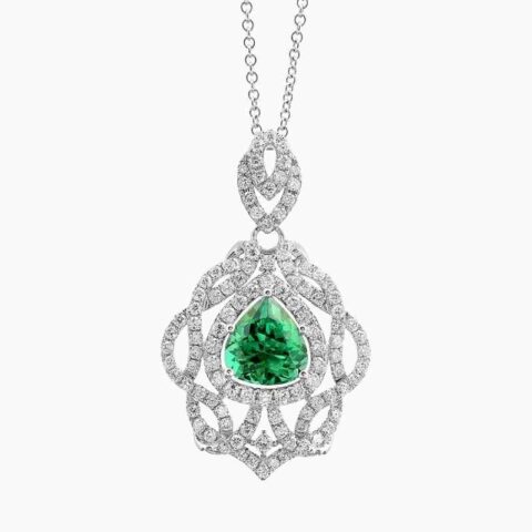 Natural green tourmaline diamond pendant in 14K White Gold