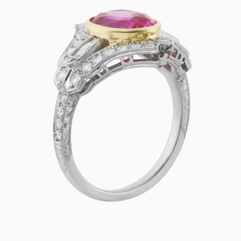 Natural pink sapphire diamond ring in 18K White Gold
