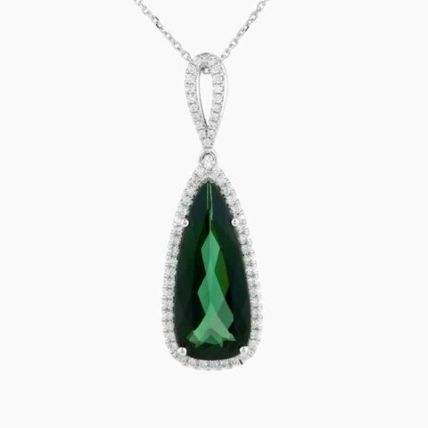 Natural green tourmaline diamond pendant in 14K White Gold