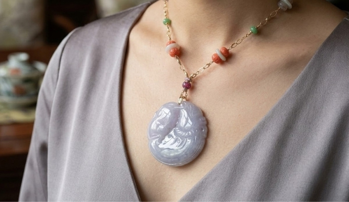 Lavender Jade Pendant with Multi Sapphire Chain