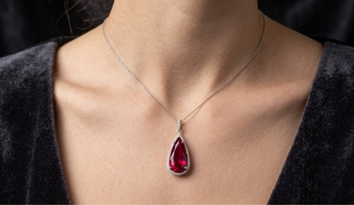 Long Teardrop Rubellite Diamond Halo Pendant Necklace