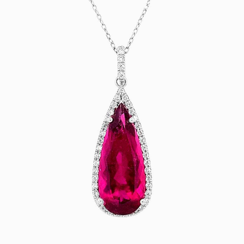 Natural rubellite diamond pendant in 14K White Gold