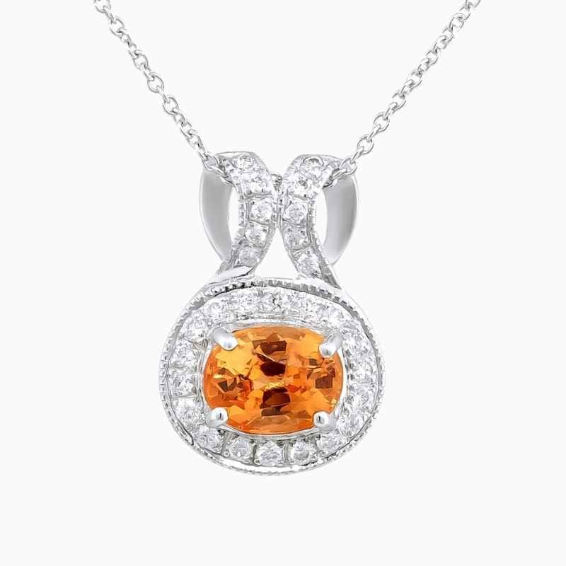 Natural mandarin garnet diamond pendant in 14K White Gold