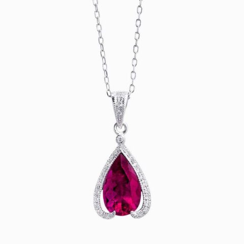 Natural rubellite diamond pendant in 14K White Gold
