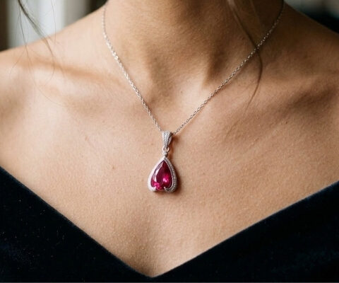 Minimalist Rubellite Drop Pendant with Diamond Detailing