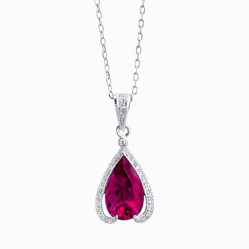 Natural rubellite diamond pendant in 14K White Gold
