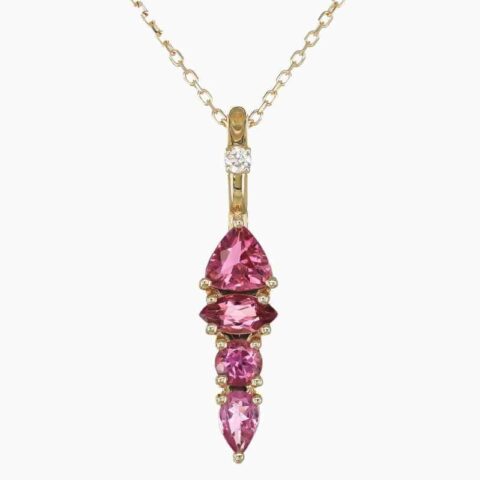 Natural pink tourmaline diamond pendant in 14K Yellow Gold