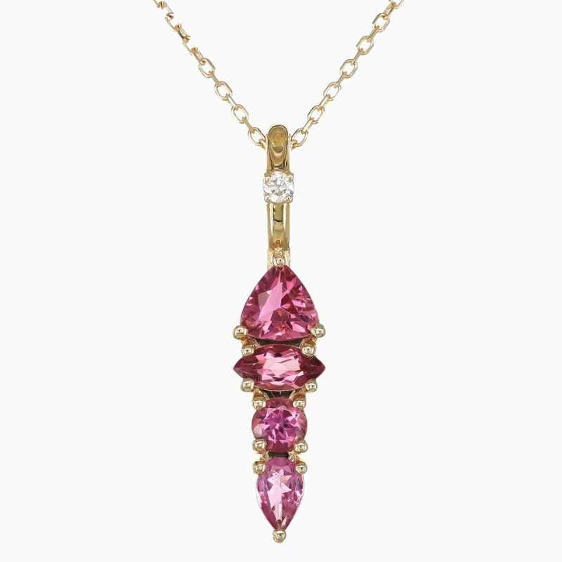 Natural pink tourmaline diamond pendant in 14K Yellow Gold