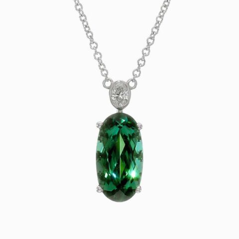 Natural blue-green tourmaline diamond pendant in 14K White Gold