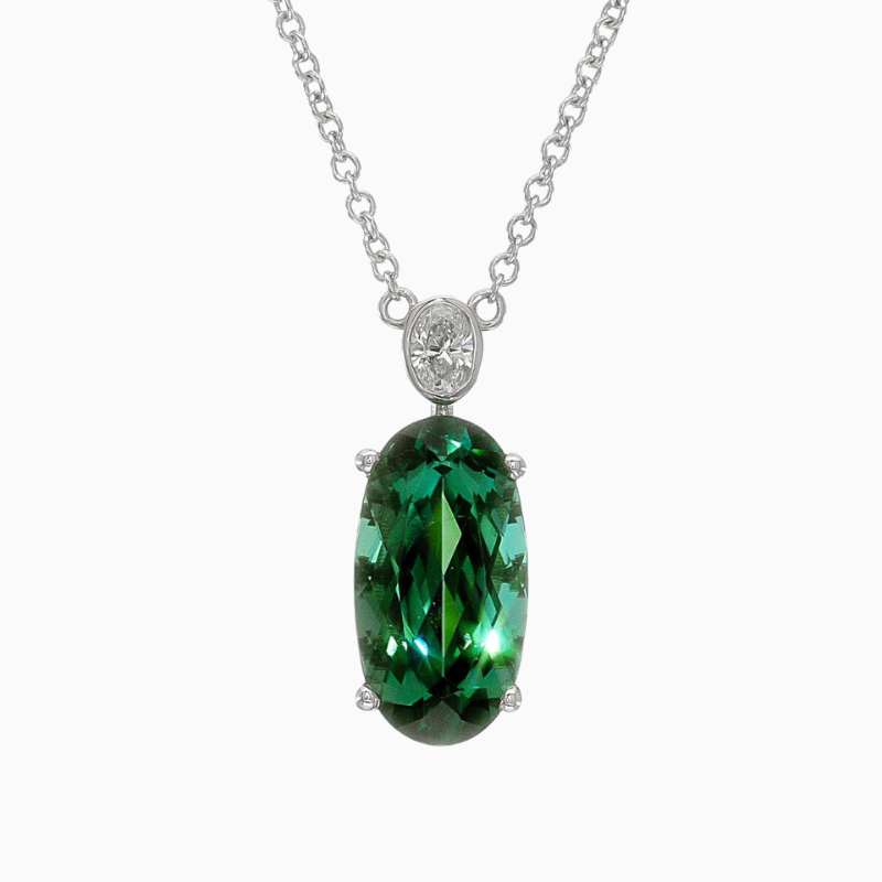 Natural blue-green tourmaline diamond pendant in 14K White Gold