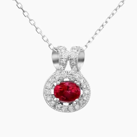 Natural red spinel diamond pendant in 14K White Gold