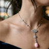 Oval Pink Pearl Diamond Station Drop Necklace