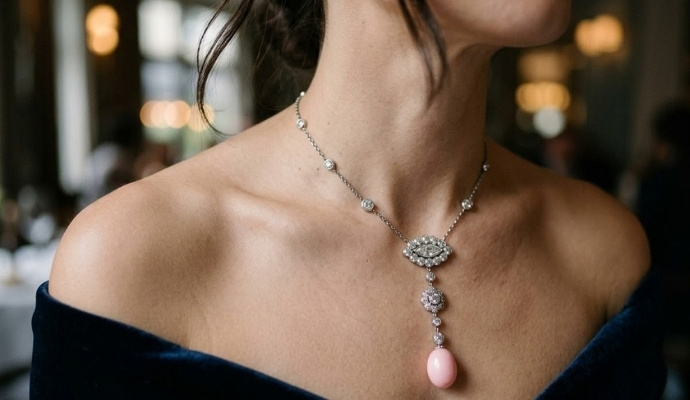 Oval Pink Pearl Diamond Station Drop Necklace
