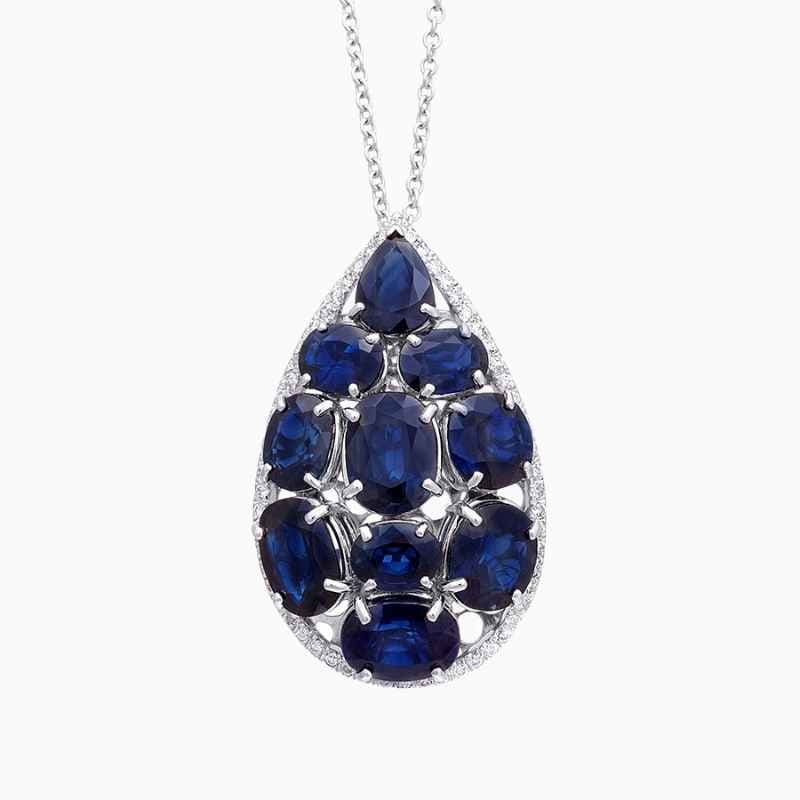 Natural blue sapphire diamond pendant in 14K White Gold, 18K White Gold