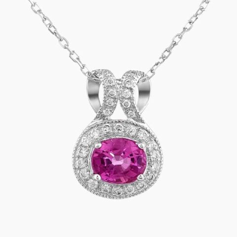 Natural pink sapphire diamond pendant in 14K White Gold