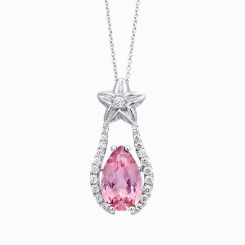 Natural pink tourmaline diamond pendant in 14K White Gold