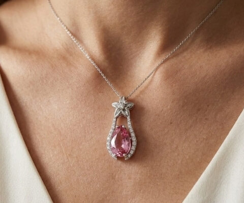 Pink Tourmaline Teardrop Pendant with Diamond Star Top