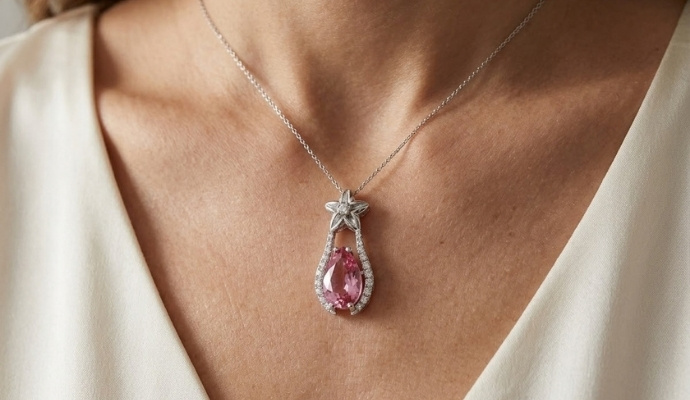 Pink Tourmaline Teardrop Pendant with Diamond Star Top