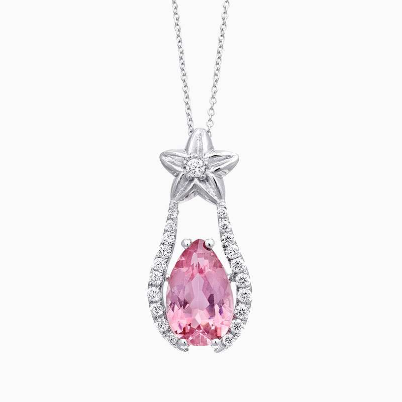 Natural pink tourmaline diamond pendant in 14K White Gold