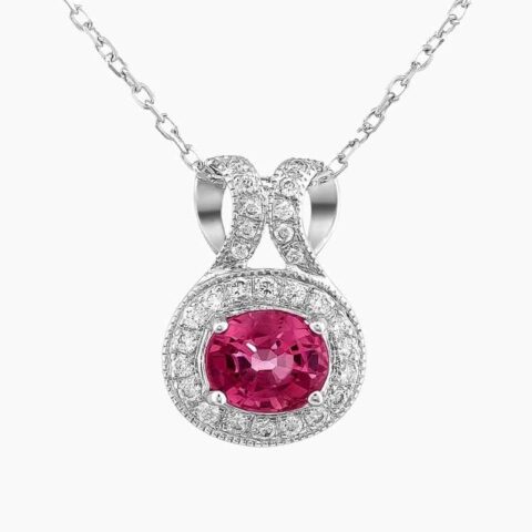 Natural rubellite diamond pendant in 14K White Gold