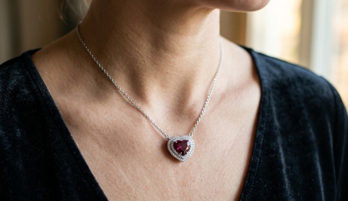 Red-Purple Sapphire Heart Pendant with Double Diamond Halo
