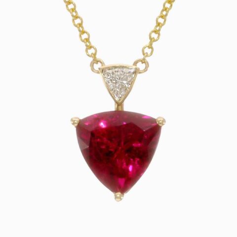 Natural rubellite diamond pendant in 14K Yellow Gold