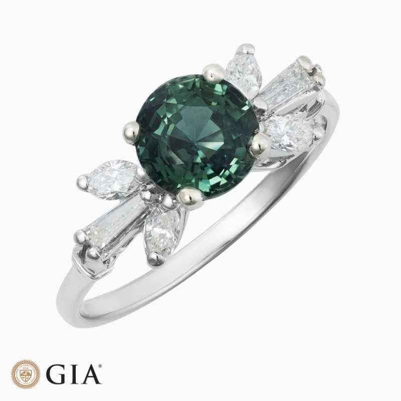Greenish Blue Sapphire Diamond Ring