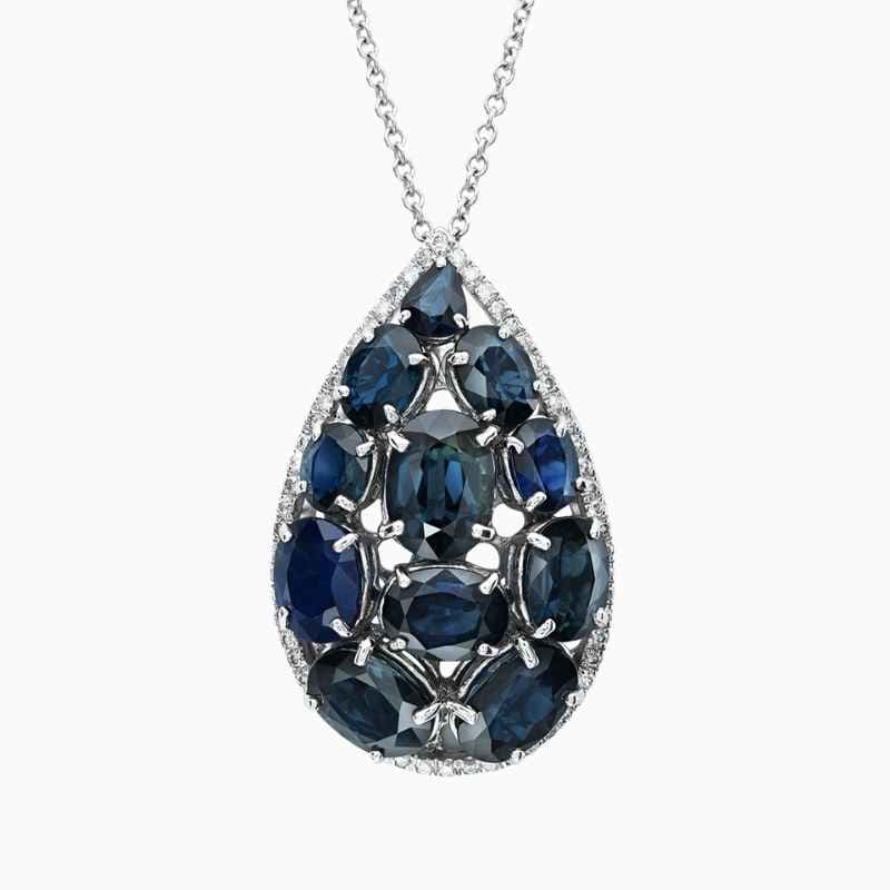 Natural blue sapphire diamond pendant in 18K White Gold