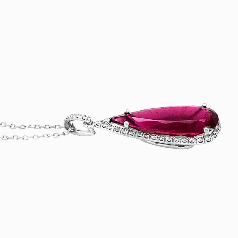 Long Teardrop Rubellite Diamond Halo Pendant Necklace - Image 2