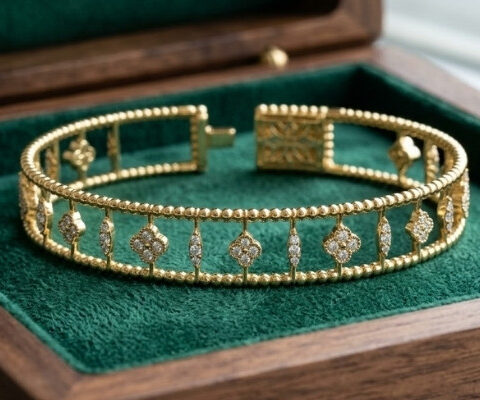 Bangle With Lab Grown Diamond Flower Clovers And Diamond Line