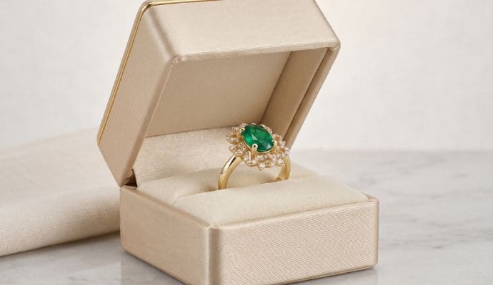 Natural emerald floral ring in yellow gold with sparkling diamond halo