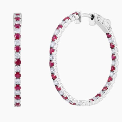 alternating ruby and natural diamond hoop earrings